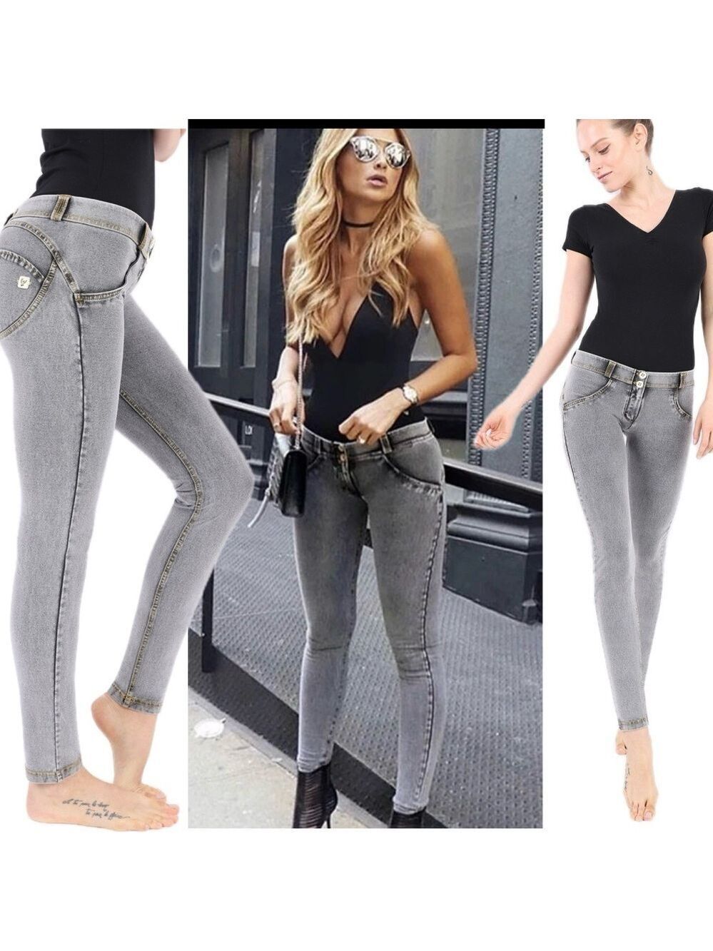 Freddy WR.UP black gray faded acid wash stone wash style skinny leggings L NWOT